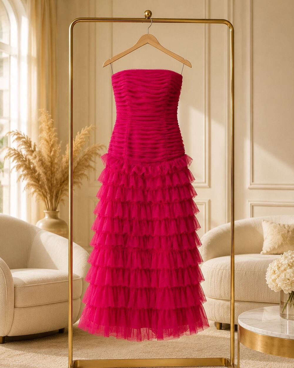 Tadashi Collection Fuchsia Tiered Ruffle Gown Size 10 Strapless Formal Dress